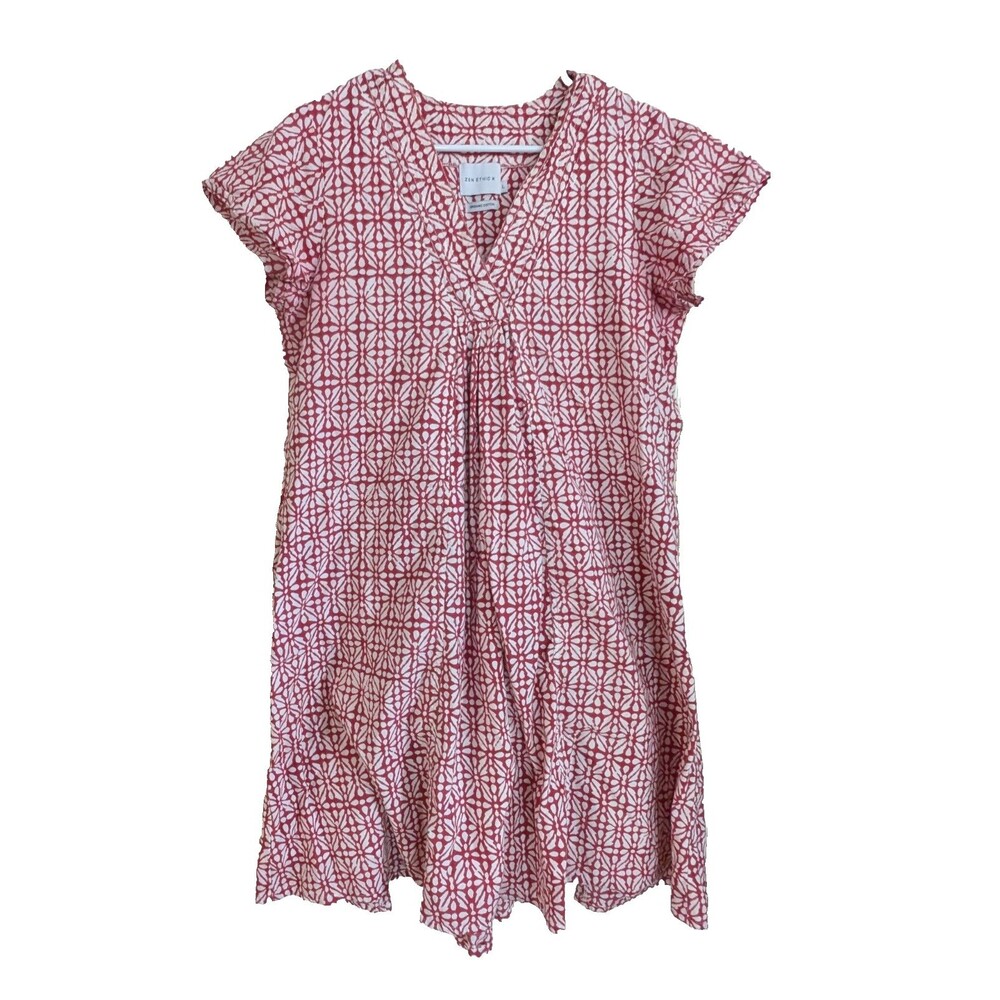 ZEN ETHIC Organic Cotton Red White Pattern Short Sleeve Dress L Boho Midi